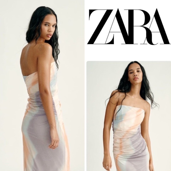 Zara Dresses & Skirts - NEW | ZARA STRAPLESS MESH CORSET RUCHED MARBLED TIE DYE PASTEL BOHO MIDI DRESS
